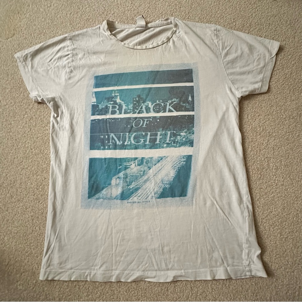 Men's White Graphic Tee with Teal Night Print